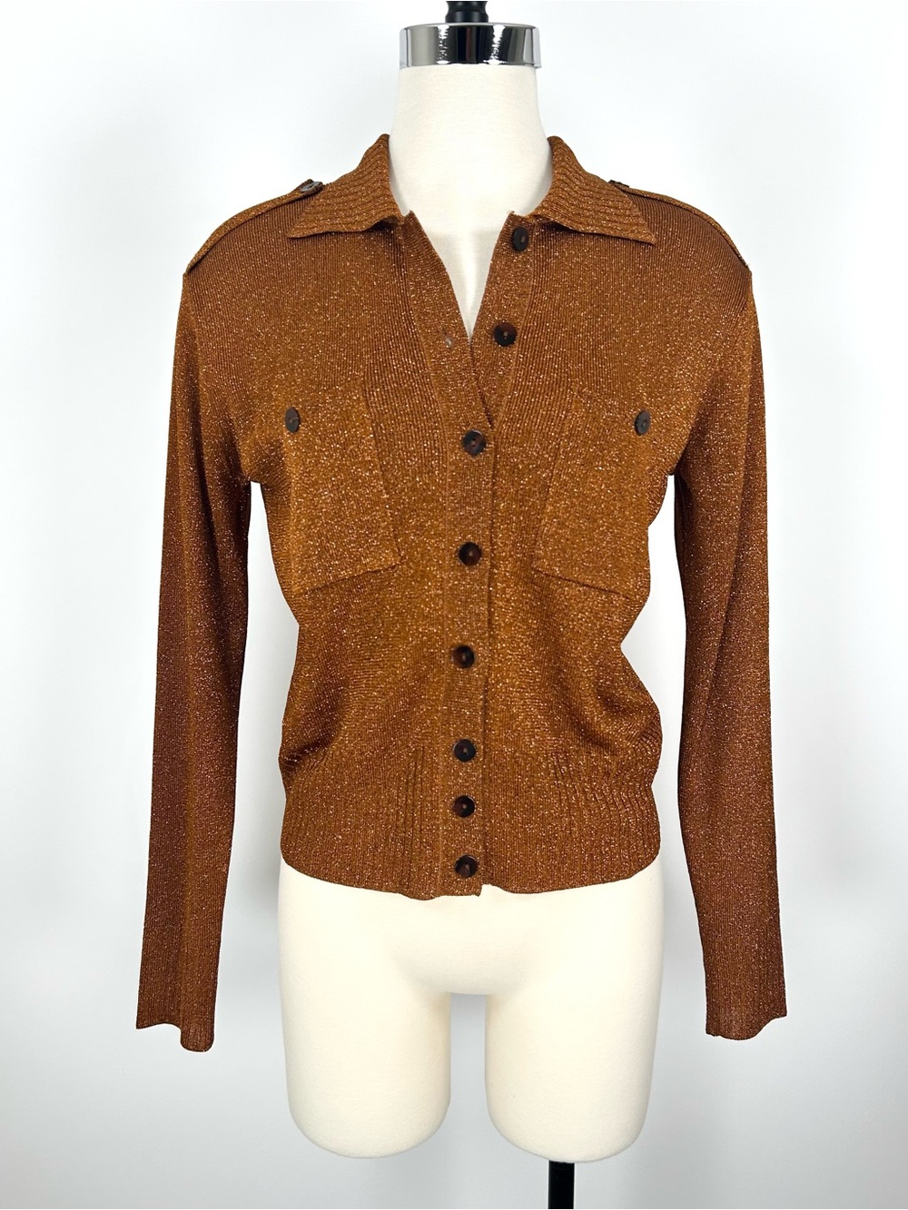 Dana Buchman Cardigan Sweater Women’s Medium Metallic Copper Military Style Vtg